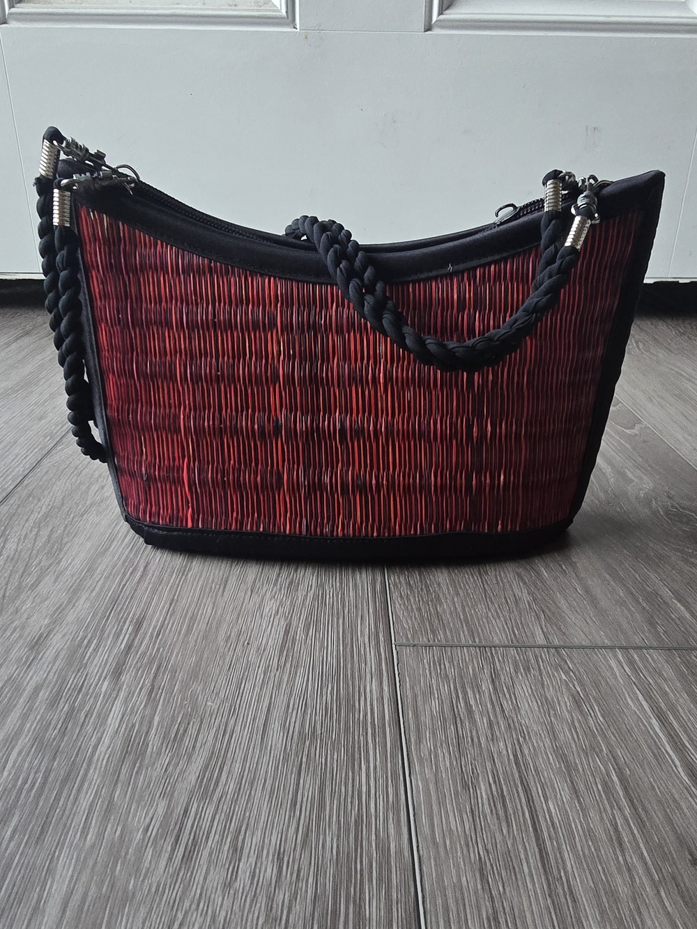 Baskets of Cambodia Saraye Tatami Woven Bag Red Black Curved Rope Handle Purse